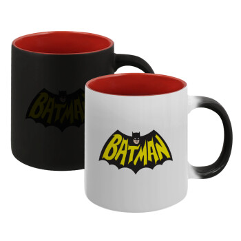 Batman classic logo, Κούπα Μαγική εσωτερικό κόκκινο, κεραμική, 330ml που αλλάζει χρώμα με το ζεστό ρόφημα
