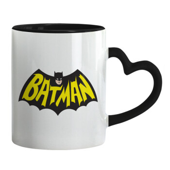 Batman classic logo, Κούπα καρδιά χερούλι μαύρη, κεραμική, 330ml