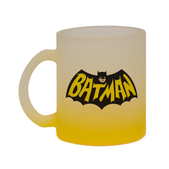 Batman classic logo, Κούπα γυάλινη δίχρωμη με βάση το κίτρινο ματ, 330ml