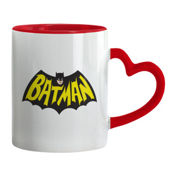 Batman classic logo, Κούπα καρδιά χερούλι κόκκινη, κεραμική, 330ml