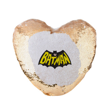 Batman classic logo, Μαξιλάρι καναπέ καρδιά Μαγικό Χρυσό με πούλιες 40x40cm περιέχεται το  γέμισμα