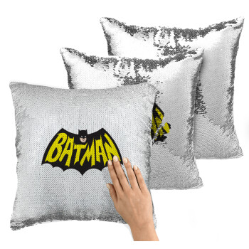 Batman classic logo, Μαξιλάρι καναπέ Μαγικό Ασημένιο με πούλιες 40x40cm περιέχεται το γέμισμα
