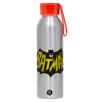 Batman classic logo, Αλουμινένιο Αθλητικό Μπουκάλι 650ml – Ασημί με Κόκκινο Καπάκι και Λουράκι Σιλικόνης