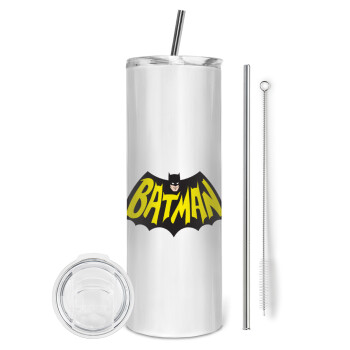 Batman classic logo, Eco friendly ποτήρι θερμό (tumbler) από ανοξείδωτο ατσάλι 600ml, με μεταλλικό καλαμάκι & βούρτσα καθαρισμού
