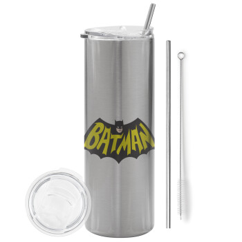 Batman classic logo, Eco friendly ποτήρι θερμό Ασημένιο (tumbler) από ανοξείδωτο ατσάλι 600ml, με μεταλλικό καλαμάκι & βούρτσα καθαρισμού