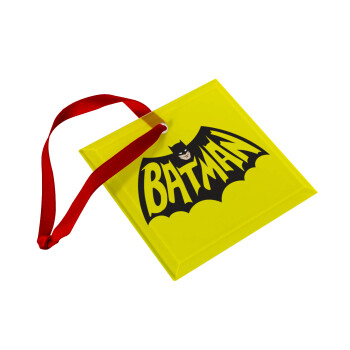 Batman classic logo, Χριστουγεννιάτικο στολίδι γυάλινο τετράγωνο 9x9cm