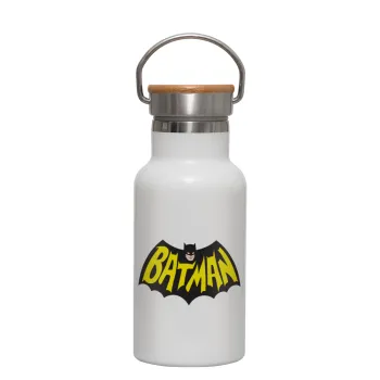 Batman classic logo, Metallic thermos (Stainless steel) White with wooden lid (bamboo), double-walled, 350ml