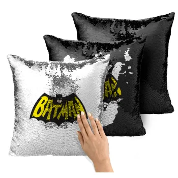 Batman classic logo, Μαξιλάρι καναπέ Μαγικό Μαύρο με πούλιες 40x40cm περιέχεται το γέμισμα
