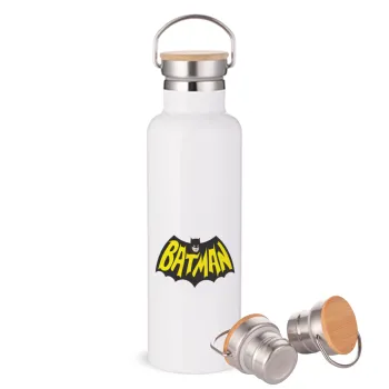 Batman classic logo, Stainless steel White with wooden lid (bamboo), double wall, 750ml