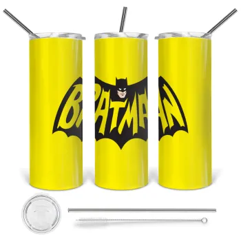 Batman classic logo, Tumbler ποτήρι θερμό από ανοξείδωτο ατσάλι 600ml, με μεταλλικό καλαμάκι & βούρτσα καθαρισμού