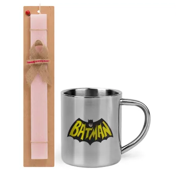 Batman classic logo, Easter Set, metallic thermal cup (300ml) & aromatic flat Easter candle (30cm) (PINK)