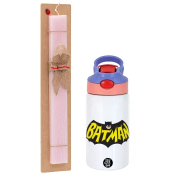 Batman classic logo, Easter Set, Children's thermal stainless steel water bottle with safety straw, pink/purple (350ml) & Easter scented flat candle (30cm) (PINK)