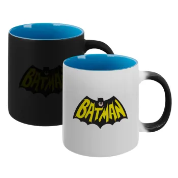 Batman classic logo, Κούπα Μαγική εσωτερικό μπλε, κεραμική 330ml που αλλάζει χρώμα με το ζεστό ρόφημα