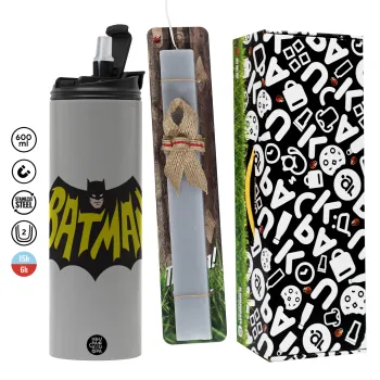 Batman classic logo, Πασχαλινή Λαμπάδα με Travel Tumbler θερμό (600ml, BPA free) & κερί αρωματικό πλακέ (30cm) (ΓΚΡΙ)