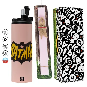 Batman classic logo, Easter candle,Travel Tumbler 2 Lids, with metal straw & cleaning brush & aromatic flat candle (30cm) (PINK)