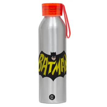 Batman classic logo, Αλουμινένιο Αθλητικό Μπουκάλι 650ml – Ασημί με Κόκκινο Καπάκι και Λουράκι Σιλικόνης