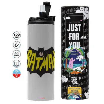 Batman classic logo, Tumbler ποτήρι θερμό ΓΚΡΙ από ανοξείδωτο ατσάλι 600ml