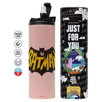 Batman classic logo, Tumbler ποτήρι θερμό ΡΟΖ από ανοξείδωτο ατσάλι 600ml