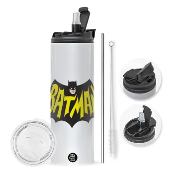 Batman classic logo, Travel Tumbler θερμό με διπλό καπάκι, μεταλλικό καλαμάκι και βούρτσα καθαρισμού (Ανωξείδωτο 304 Food grade, BPA free, 600ml)