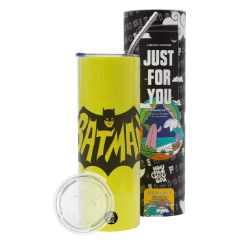 Batman classic logo, Neon Yellow Travel Tumbler θερμό, μεταλλικό καλαμάκι(Ανωξείδωτο 304 Food grade, BPA free, 600ml)