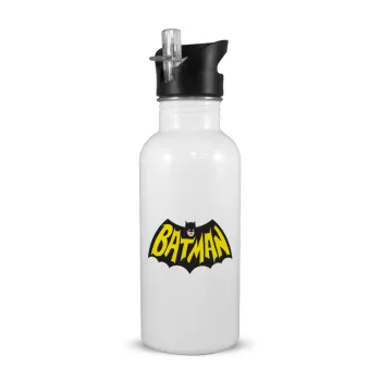 Batman classic logo, White water bottle with straw, stainless steel 600ml