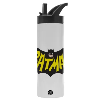 Batman classic logo, Μεταλλικό παγούρι θερμός με καλαμάκι & χειρολαβή, ανοξείδωτο ατσάλι (Stainless steel 304), διπλού τοιχώματος, 600ml