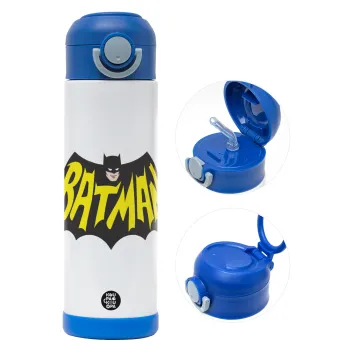 Batman classic logo, Παιδικό παγούρι θερμό, ανοξείδωτο, με καλαμάκι ασφαλείας, ΜΠΛΕ (500ml)