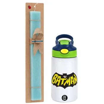 Batman classic logo, Easter Set, Children's thermal stainless steel bottle with safety straw, green/blue (350ml) & aromatic flat Easter candle (30cm) (TURQUOISE)
