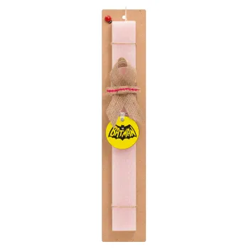 Batman classic logo, Πασχαλινή Λαμπάδα με ξύλινο μπρελόκ & κερί αρωματικό πλακέ (30cm) (ΡΟΖ)