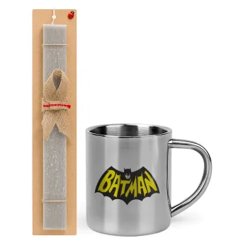 Batman classic logo, Easter Set, metallic thermal cup (300ml) & Easter aromatic flat candle (30cm) (GRAY)
