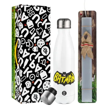 Batman classic logo, Easter candle, metallic white thermos bottle (500ml) & aromatic flat candle (30cm) (GRAY)