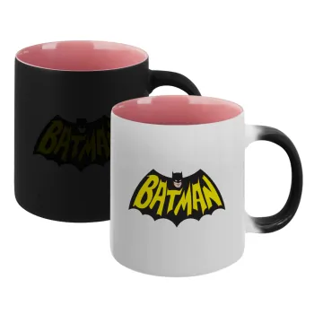 Batman classic logo, Κούπα Μαγική εσωτερικό ΡΟΖ, κεραμική 330ml που αλλάζει χρώμα με το ζεστό ρόφημα
