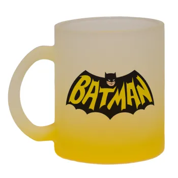 Batman classic logo, Κούπα γυάλινη δίχρωμη με βάση το κίτρινο ματ, 330ml