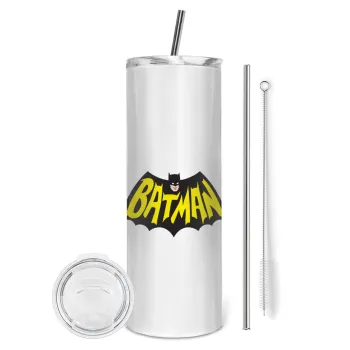 Batman classic logo, Tumbler ποτήρι θερμό από ανοξείδωτο ατσάλι 600ml, με μεταλλικό καλαμάκι & βούρτσα καθαρισμού