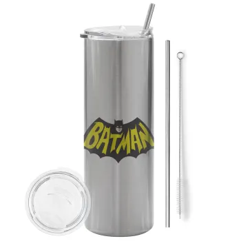 Batman classic logo, Tumbler ποτήρι θερμό Ασημένιο από ανοξείδωτο ατσάλι 600ml, με μεταλλικό καλαμάκι & βούρτσα καθαρισμού