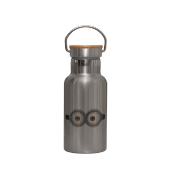 Minions, Stainless steel metallic thermos flask, silver with a bamboo lid, double-walled, 350ml.