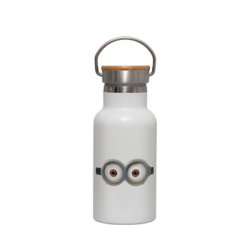 Minions, Μεταλλικό παγούρι θερμός (Stainless steel) Λευκό με ξύλινο καπακι (bamboo), διπλού τοιχώματος, 350ml