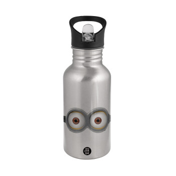 Minions, Water bottle Silver with straw, stainless steel 500ml