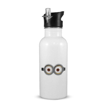 Minions, White water bottle with straw, stainless steel 600ml