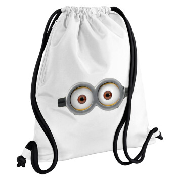 Minions, Backpack pouch GYMBAG white, with pocket (40x48cm) & thick cords