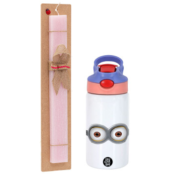 Minions, Easter Set, Children's thermal stainless steel water bottle with safety straw, pink/purple (350ml) & Easter scented flat candle (30cm) (PINK)