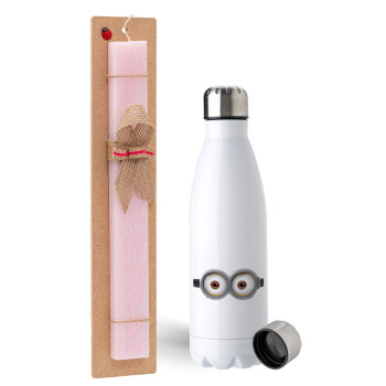 Minions, Easter Set, metallic stainless steel water bottle (750ml) & scented flat Easter candle (30cm) (PINK)