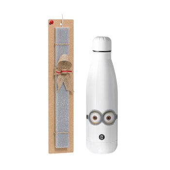 Minions, Easter Set, metallic stainless thermos bottle (500ml) & scented flat Easter candle (30cm) (GRAY)