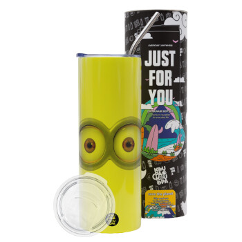 Minions, Neon Yellow Travel Tumbler, with metal straw (Stainless steel 304 Food grade, BPA free, 600ml)