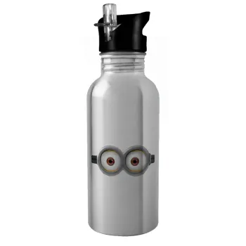 Minions, Water bottle Silver with straw, stainless steel 600ml
