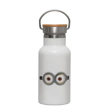 Minions, Metallic thermos (Stainless steel) White with wooden lid (bamboo), double-walled, 350ml