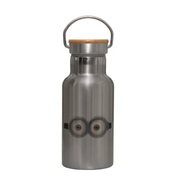Minions, Stainless steel metallic thermos flask, silver with a bamboo lid, double-walled, 350ml.