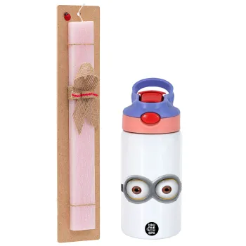 Minions, Easter Set, Children's thermal stainless steel water bottle with safety straw, pink/purple (350ml) & Easter scented flat candle (30cm) (PINK)