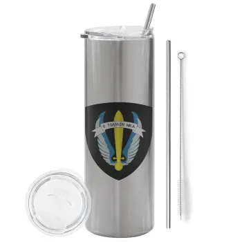 Έμβλημα Μονάδων Καταδρομών Ο Τολμων Νικα - Λοκ, Tumbler ποτήρι θερμό Ασημένιο από ανοξείδωτο ατσάλι 600ml, με μεταλλικό καλαμάκι & βούρτσα καθαρισμού