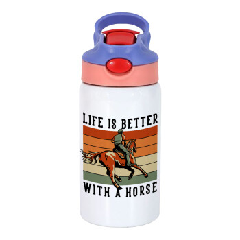 Life is Better with a Horse, Children's hot water bottle, stainless steel, with safety straw, pink/purple (350ml)
